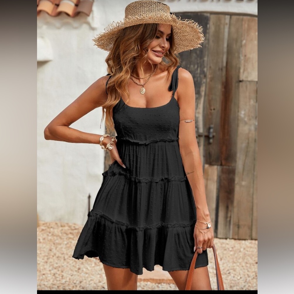 ☀️ Black Swiss Dot Tie-Shoulder Tiered Mini Dress